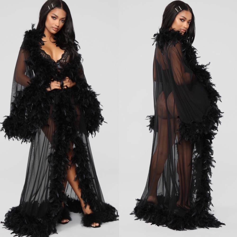 Robe with feather trim